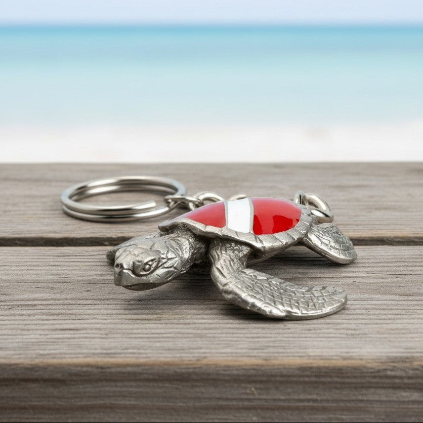 Turtle Keychain with Dive Flag – Diver's Collection – Pewter
