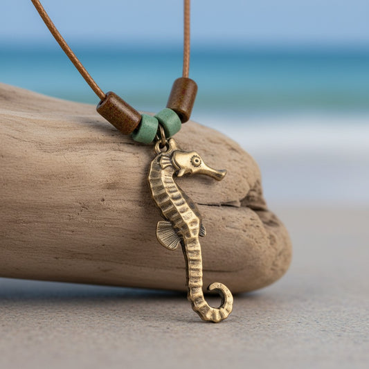 Seahorse Necklace – Shoreline Collection - Bronze with Greek Beads - Big Blue