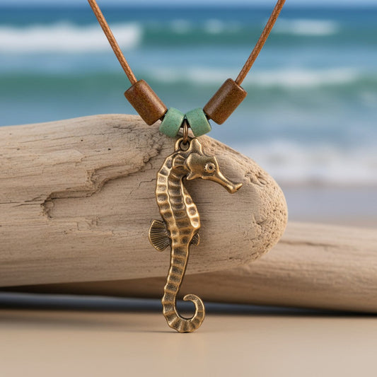 Seahorse Necklace – Shoreline Collection - Bronze with Greek Beads - Big Blue