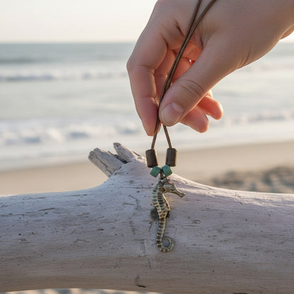 Seahorse Necklace – Shoreline Collection - Bronze with Greek Beads