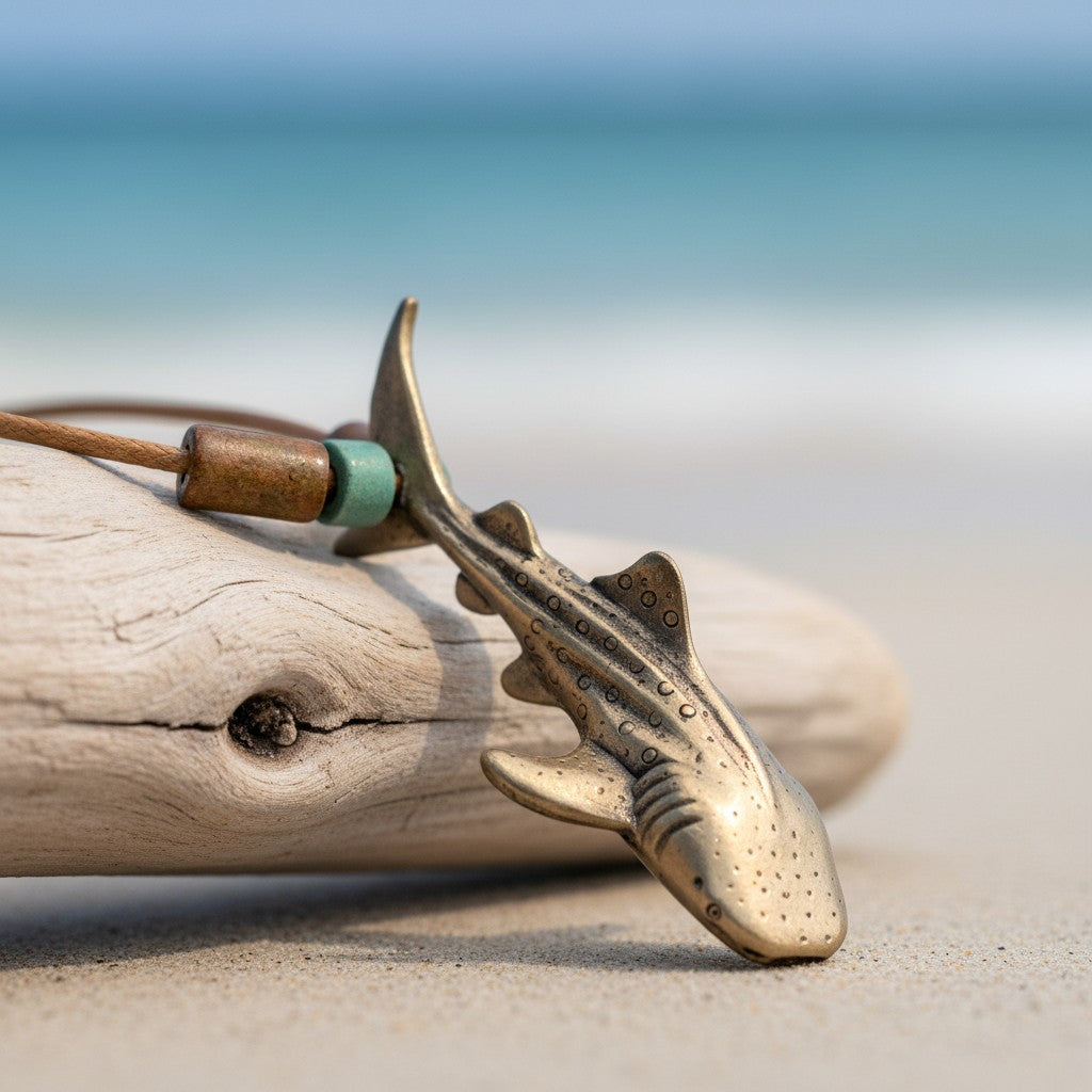 Whale Shark Necklace – Shoreline Collection - Bronze with Mykonos Beads on Cotton Cord - Big Blue