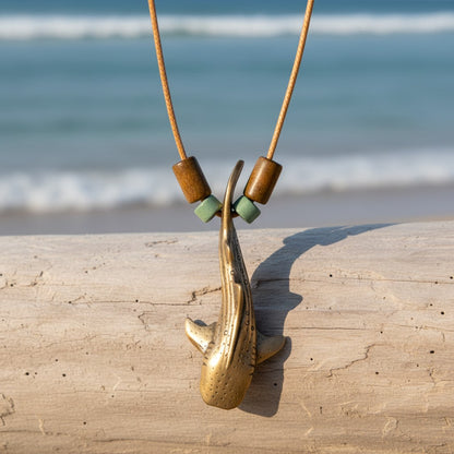 Whale Shark Necklace – Shoreline Collection - Bronze with Mykonos Beads on Cotton Cord - Big Blue