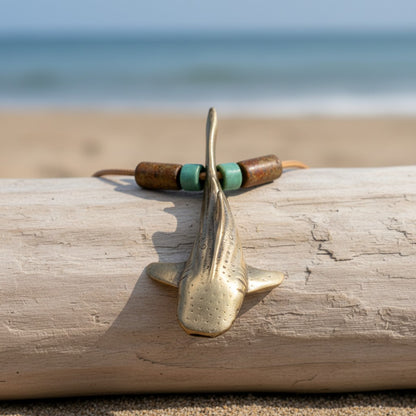 Whale Shark Necklace – Shoreline Collection - Bronze with Mykonos Beads on Cotton Cord - Big Blue