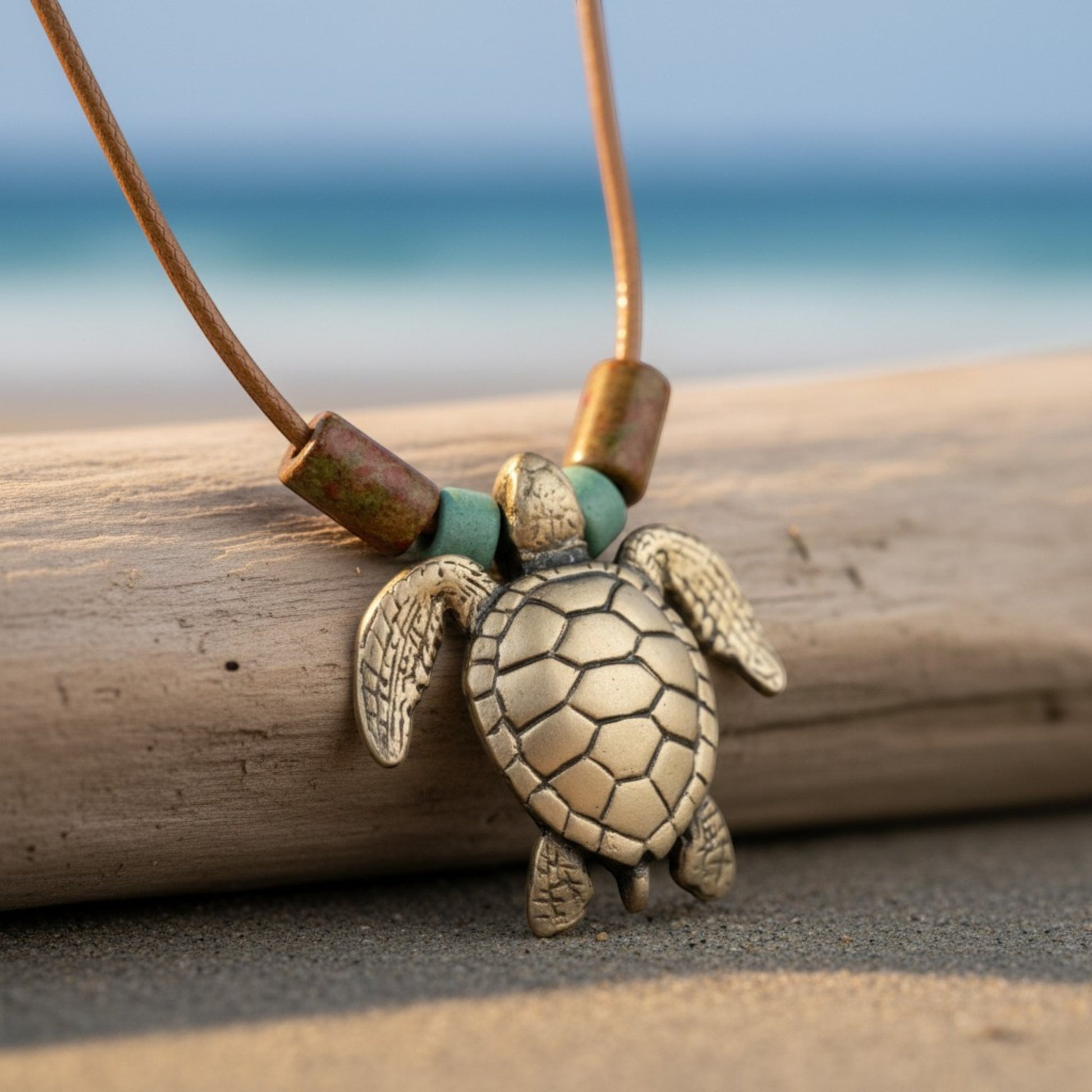 Sea Turtle Necklace – Shoreline Collection - Bronze on Braided Cotton Cord - Big Blue