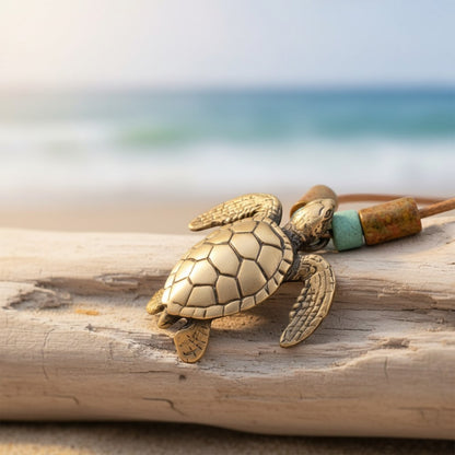 Sea Turtle Necklace – Shoreline Collection - Bronze on Braided Cotton Cord - Big Blue