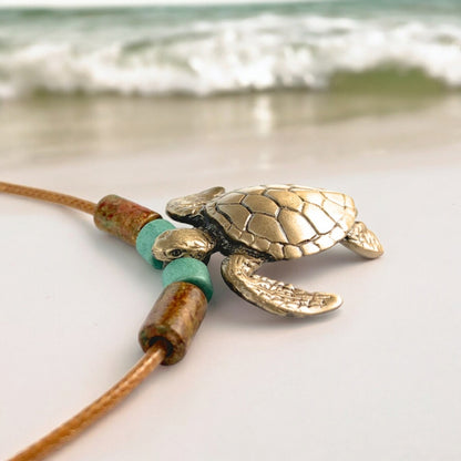 Sea Turtle Necklace Bronze Pendant- Sea Turtle Gifts for Women, Turtle Necklaces, Unique Gift for Turtle Lover, Sea Life Jewelry, Beachy Jewelry - Big Blue