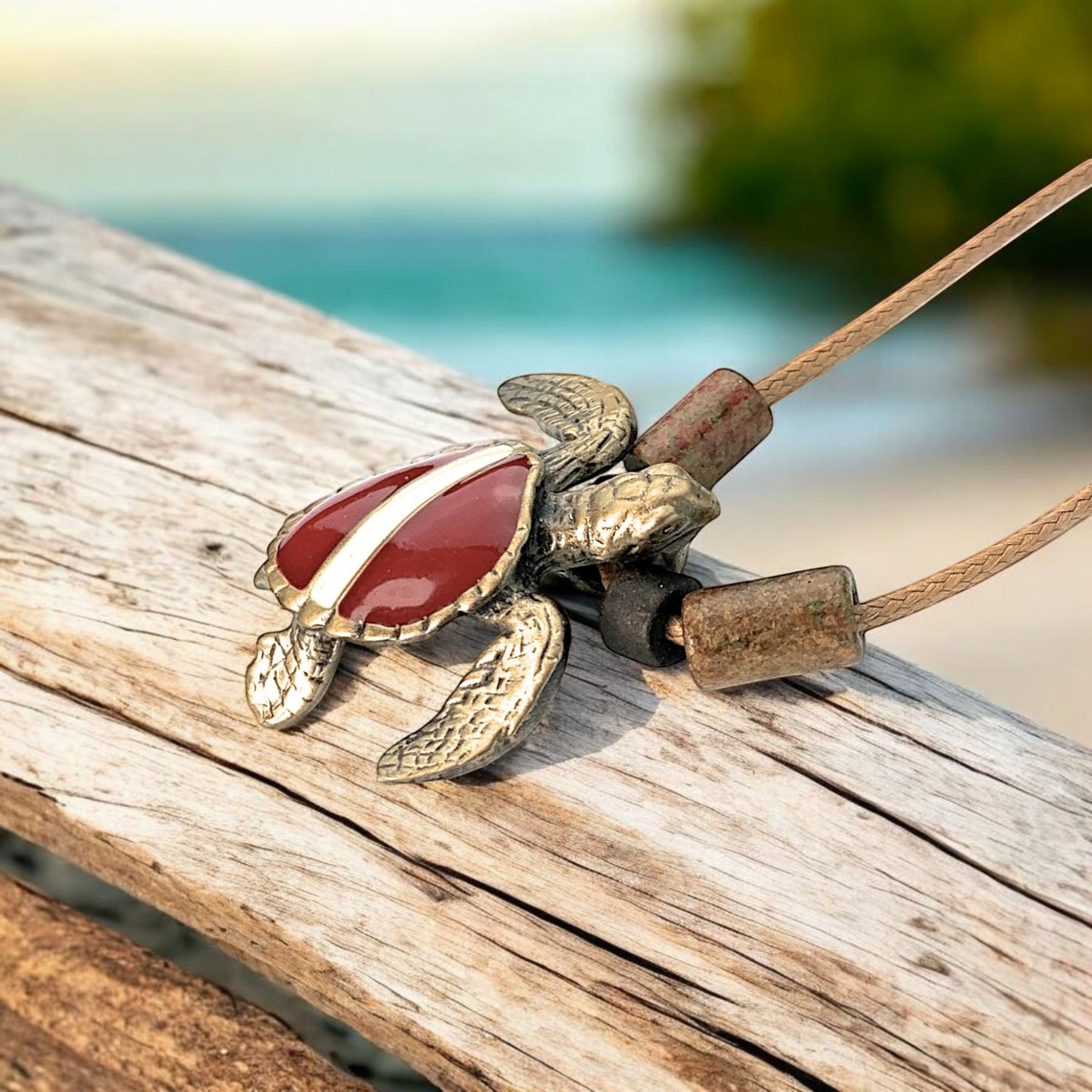 Hawksbill Dive Turtle Necklace – Shoreline Collection - Bronze on Braided Cotton Cord - Big Blue