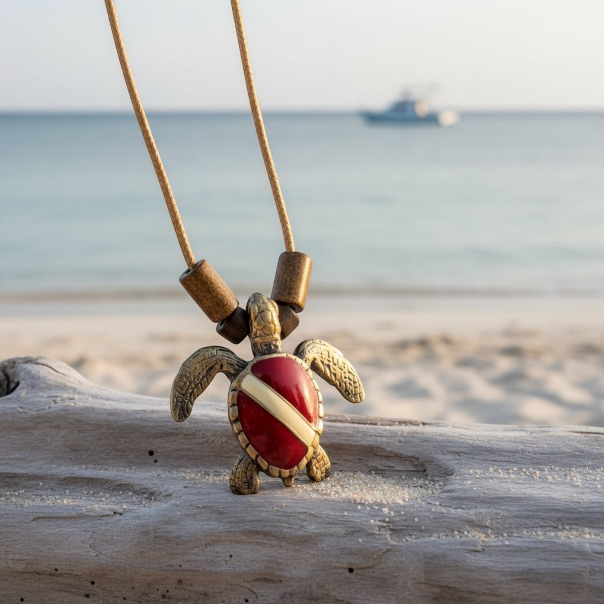 Hawksbill Dive Turtle Necklace – Shoreline Collection - Bronze on Braided Cotton Cord - Big Blue