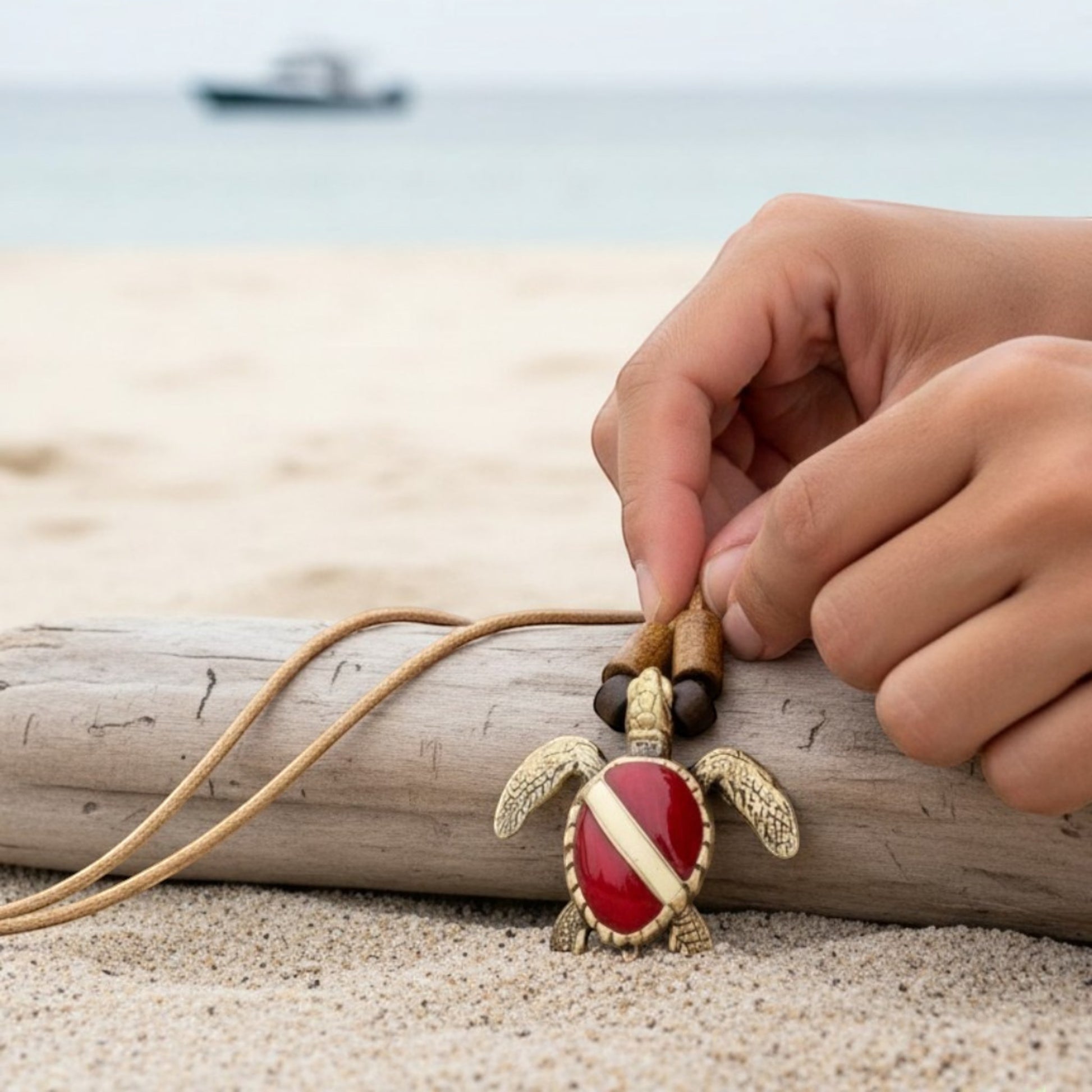 Hawksbill Dive Turtle Necklace – Shoreline Collection - Bronze on Braided Cotton Cord - Big Blue