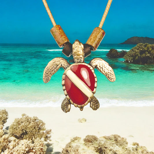 Dive Turtle Necklace for Men and Women- Solid Bronze Hawksbill Sea Turtle Dive Pendant, Scuba Diving Jewelry with Dive Flag, Gifts for Scuba Divers, Shoreline - Big Blue