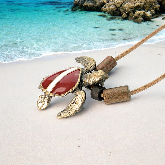 Dive Turtle Necklace for Men and Women- Solid Bronze Hawksbill Sea Turtle Dive Pendant, Scuba Diving Jewelry with Dive Flag, Gifts for Scuba Divers, Shoreline - Big Blue