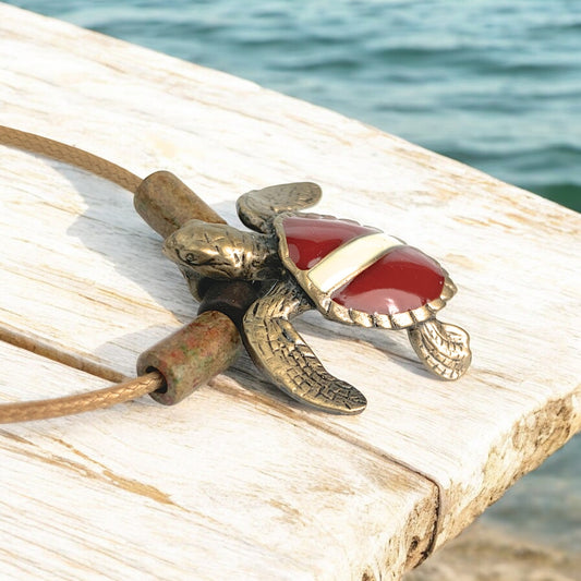 Dive Turtle Necklace for Men and Women- Solid Bronze Hawksbill Sea Turtle Dive Pendant, Scuba Diving Jewelry with Dive Flag, Gifts for Scuba Divers, Shoreline - Big Blue