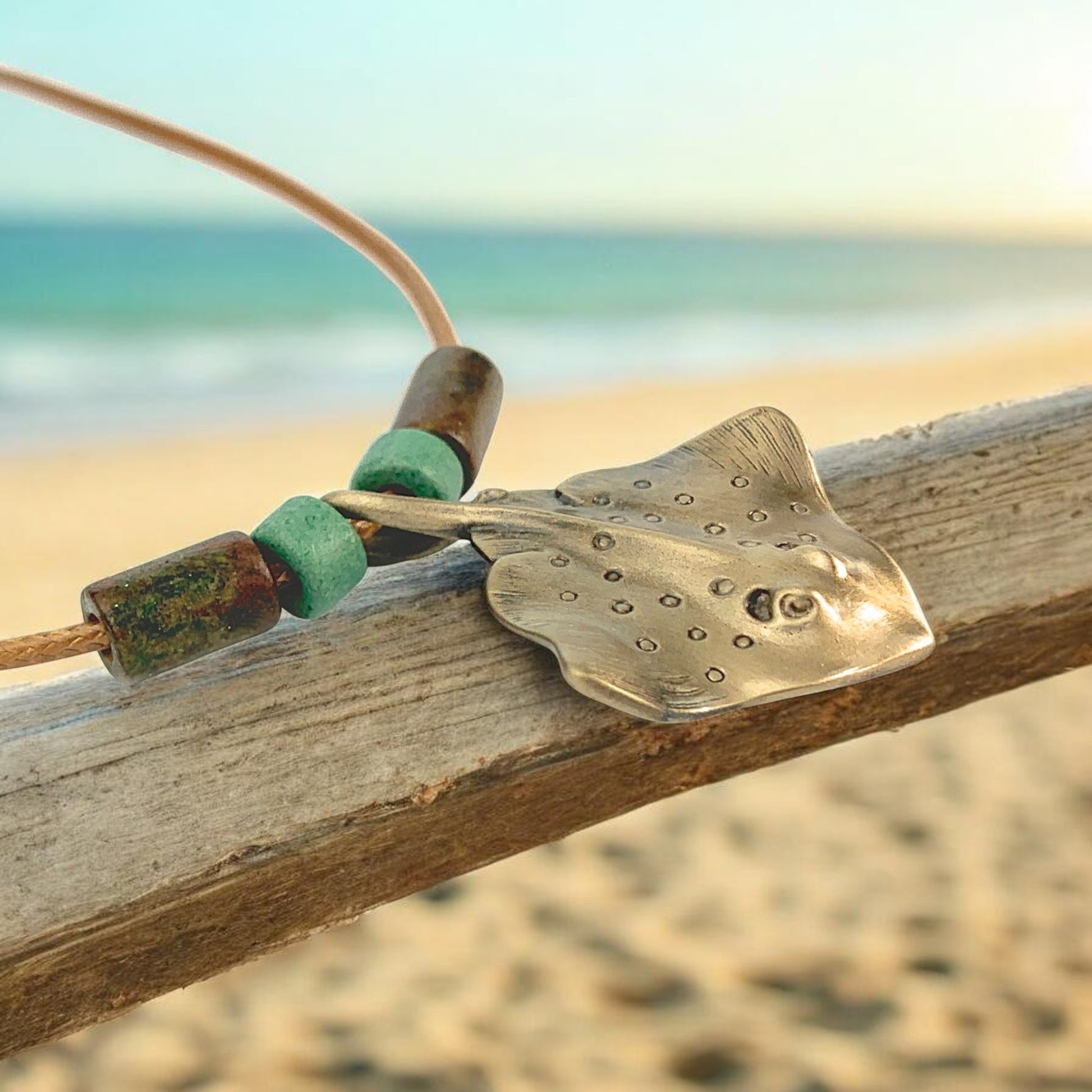 Stingray Pendant Necklace – Shoreline Collection – Bronze with Ceramic Beads - Big Blue