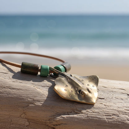 Stingray Pendant Necklace – Shoreline Collection – Bronze with Ceramic Beads - Big Blue