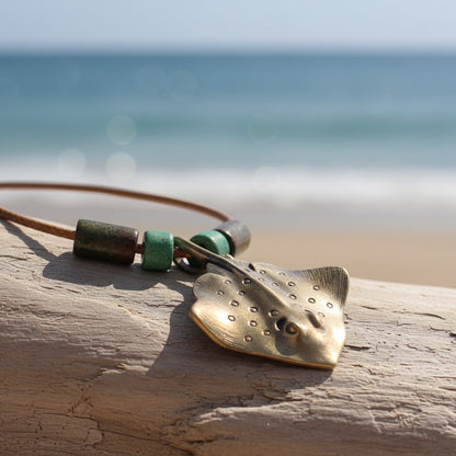 Stingray Pendant Necklace – Shoreline Collection – Bronze with Ceramic Beads - Big Blue
