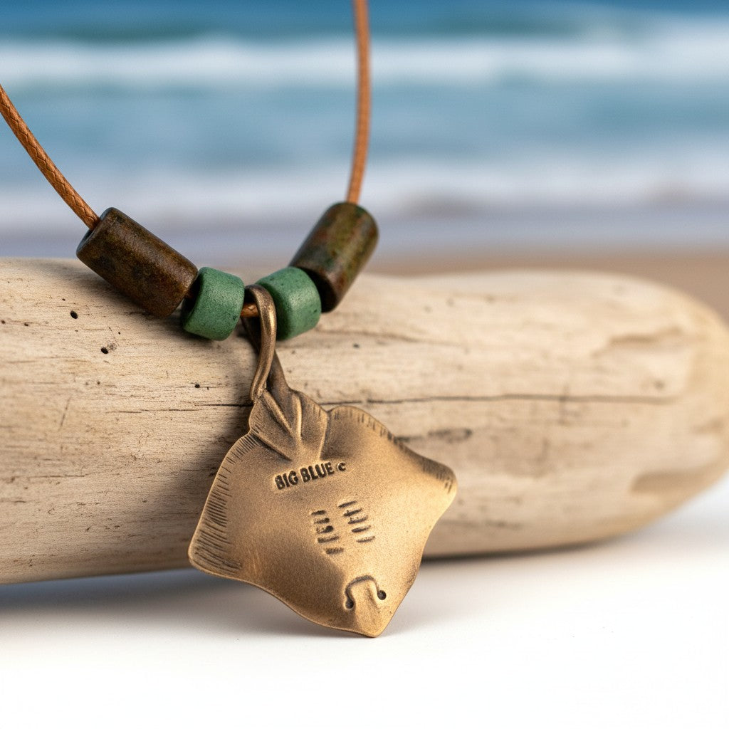 Stingray Pendant Necklace – Shoreline Collection – Bronze with Ceramic Beads - Big Blue