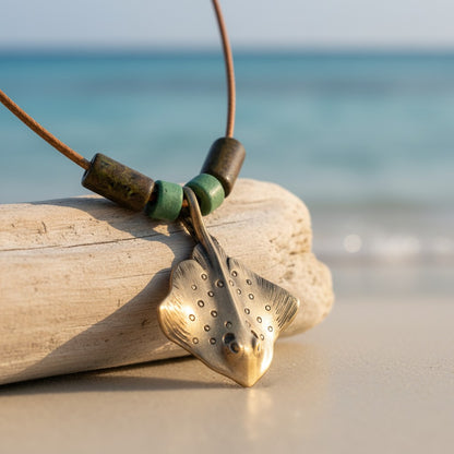 Stingray Pendant Necklace – Shoreline Collection – Bronze with Ceramic Beads - Big Blue