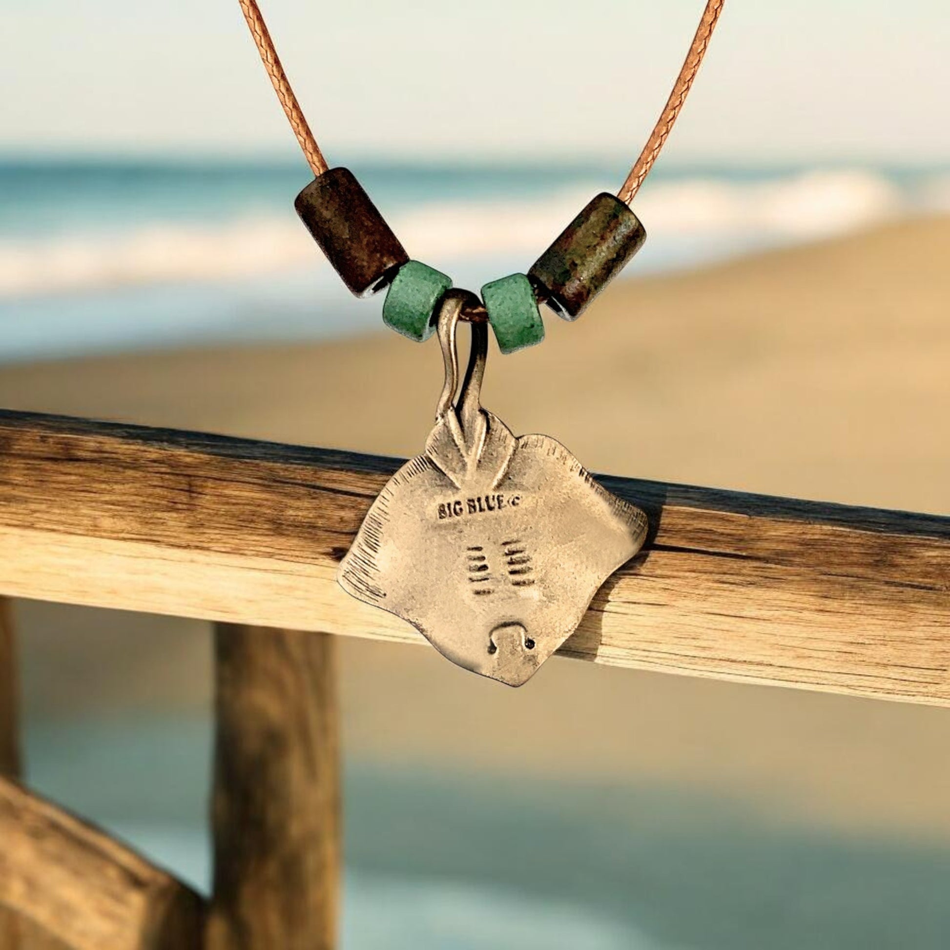 Stingray Pendant Necklace – Shoreline Collection – Bronze with Ceramic Beads - Big Blue