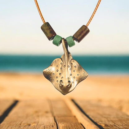 Stingray Pendant Necklace – Shoreline Collection – Bronze with Ceramic Beads - Big Blue
