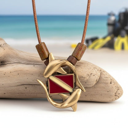 Sharks and Dive Flag Necklace  – Shoreline Collection – Bronze on Cotton Cord - Big Blue