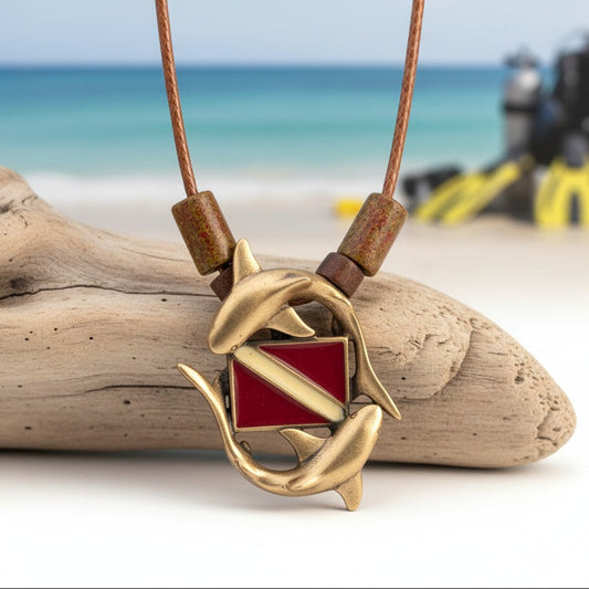 Sharks and Dive Flag Necklace  – Shoreline Collection – Bronze on Cotton Cord - Big Blue