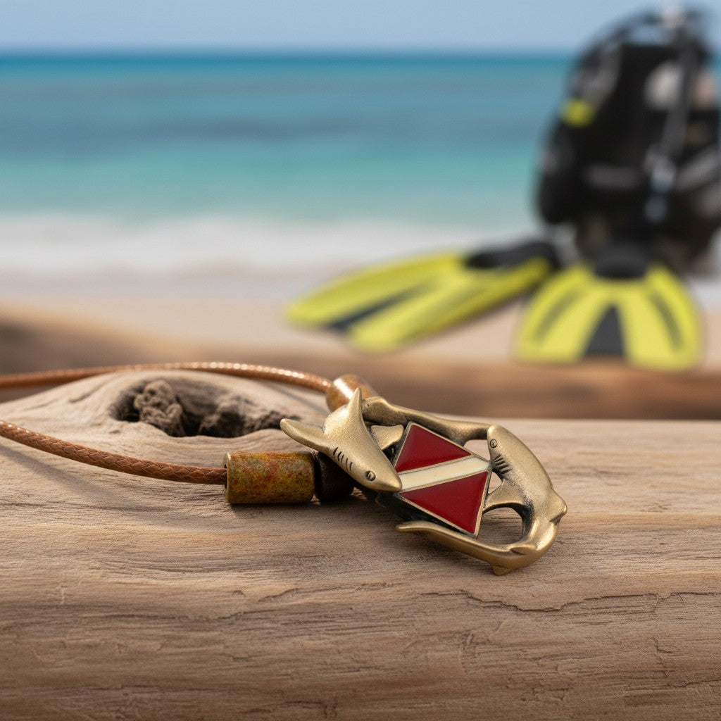 Sharks and Dive Flag Necklace  – Shoreline Collection – Bronze on Cotton Cord - Big Blue