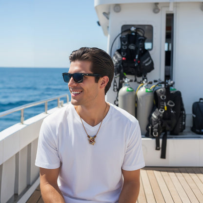 Sharks and Dive Flag Necklace  – Shoreline Collection – Bronze on Cotton Cord - Big Blue