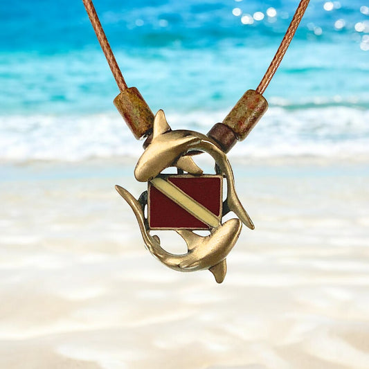 Shark Necklaces for Men and Women- Bronze Shark Pendant, Scuba Diving Jewelry with Dive Flag, Gifts for Scuba Divers - Big Blue