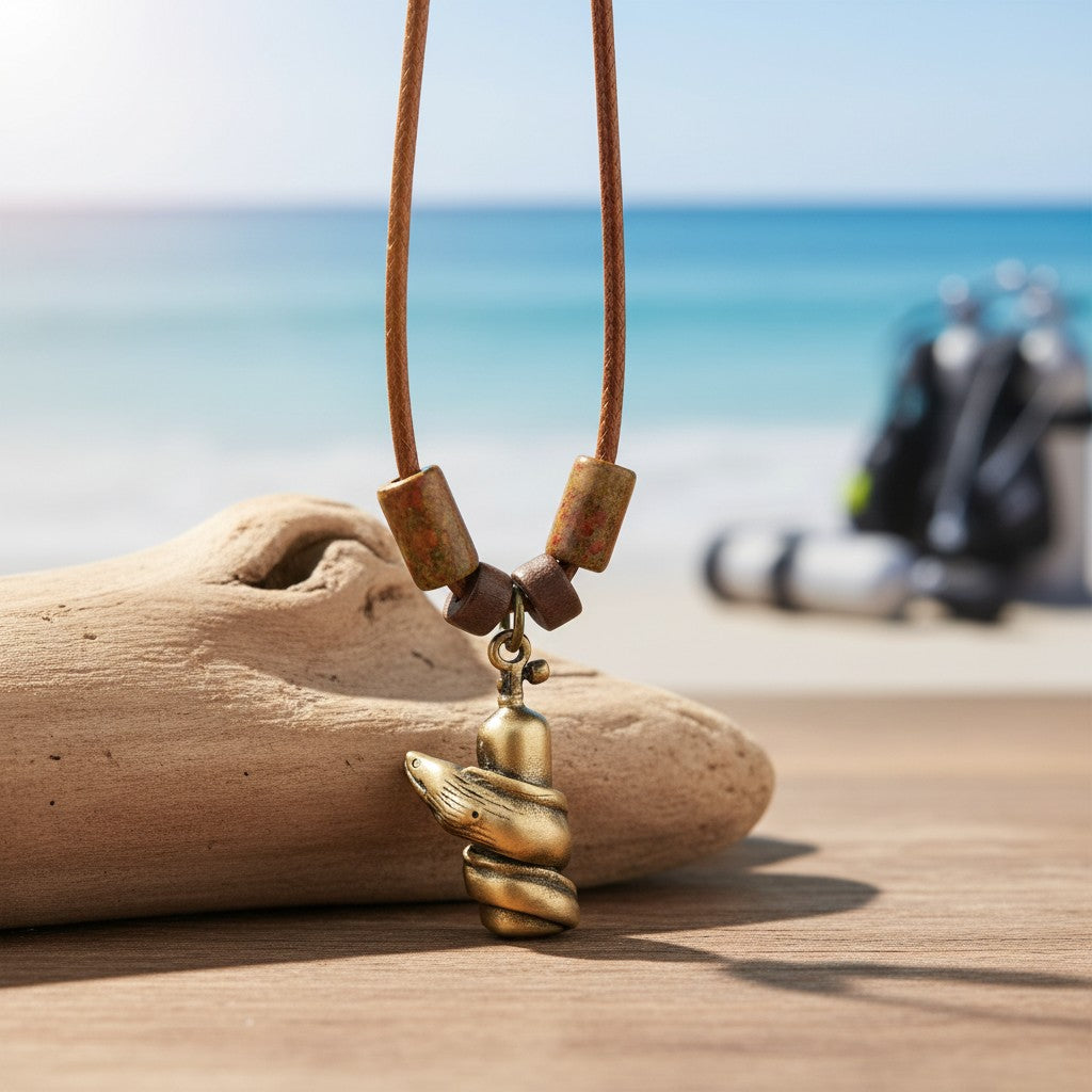 Moray Eel & Scuba Tank Necklace – Shoreline Collection -  Bronze on Braided Cotton Cord - Big Blue