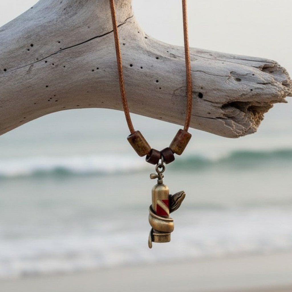 Moray Eel & Scuba Tank Necklace – Shoreline Collection -  Bronze on Braided Cotton Cord - Big Blue