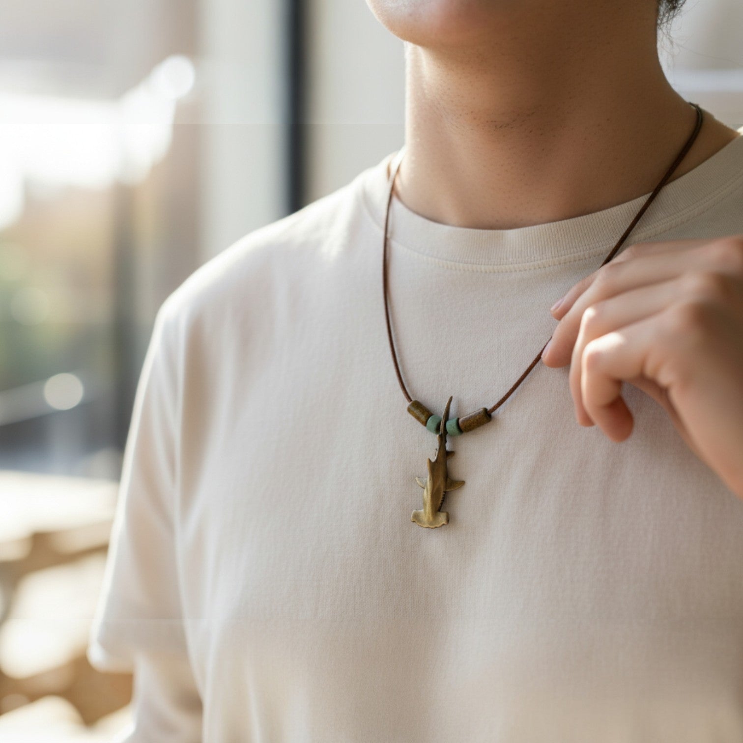 Hammerhead Shark Necklace – Shoreline Collection - Bronze on Cord - Big Blue