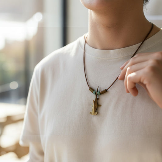 Hammerhead Shark Necklace – Shoreline Collection - Bronze on Cord - Big Blue