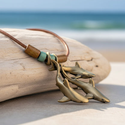 Grey Reef Sharks Trio Necklace – Shoreline Collection – Bronze - Big Blue