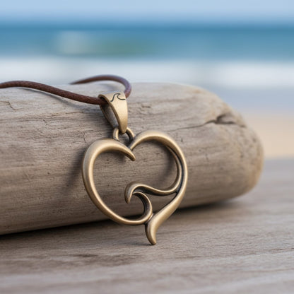 Pendant and Necklace – Ocean Wave Heart Collection – Bronze on Cord - Big Blue