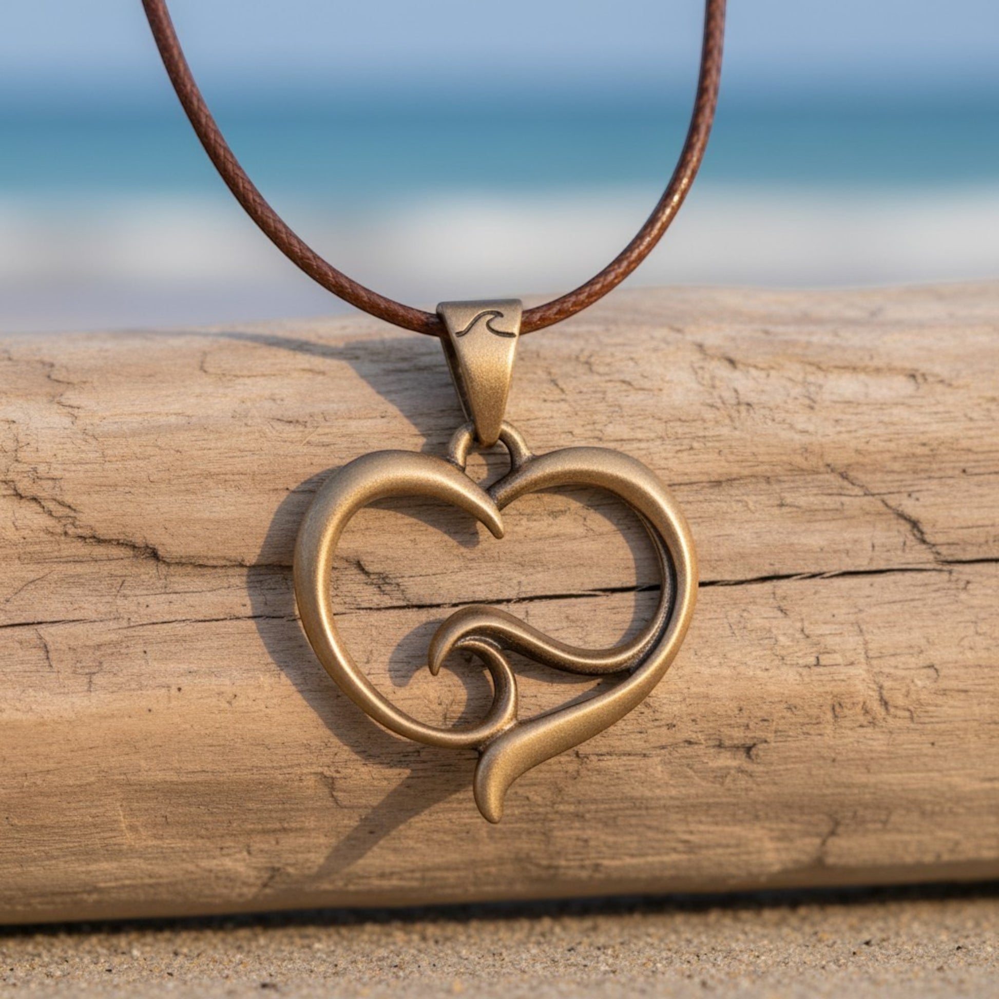 Pendant and Necklace – Ocean Wave Heart Collection – Bronze on Cord - Big Blue