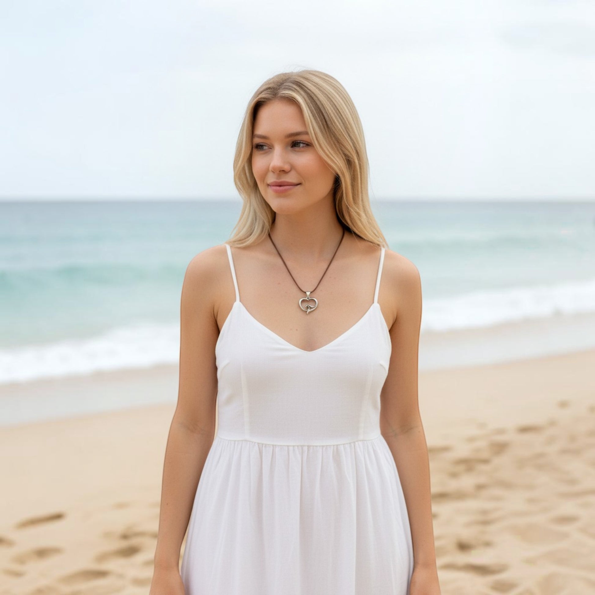 Pendant and Necklace – Ocean Wave Heart Collection – Bronze on Cord - Big Blue