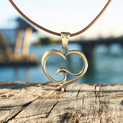 Pendant and Necklace – Ocean Wave Heart Collection – Bronze on Cord - Big Blue