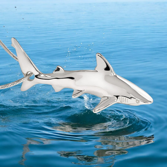 Shark Necklace for Women Sterling Silver- Grey Reef Shark Necklace for Women, Sterling Silver Reef Shark Necklace, Shark Jewelry, Shark Pendant - Big Blue