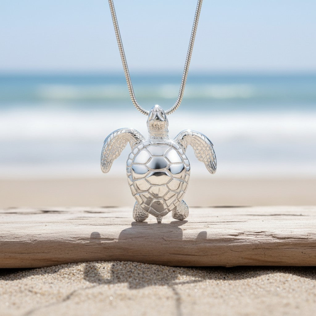Sea Turtle Necklace –  Sealife Collection - Sterling Silver on Italian Snake Chain - Big Blue