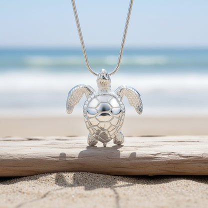 Sea Turtle Necklace –  Sealife Collection - Sterling Silver on Italian Snake Chain - Big Blue