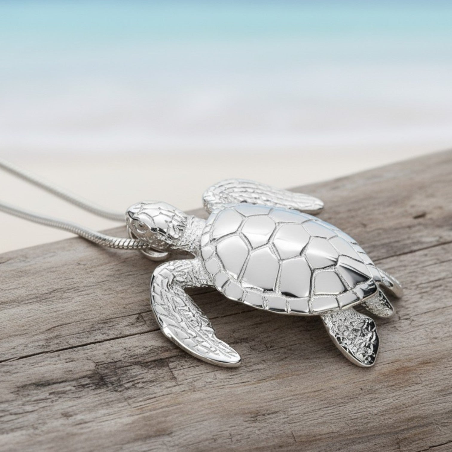 Sea Turtle Necklace –  Sealife Collection - Sterling Silver on Italian Snake Chain - Big Blue