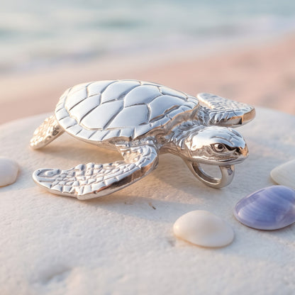 Sea Turtle Necklace –  Sealife Collection - Sterling Silver on Italian Snake Chain - Big Blue