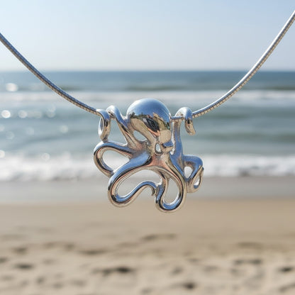 Octopus Pendant Necklace – "Leggs" - Sterling Silver on Omega Chain - Big Blue