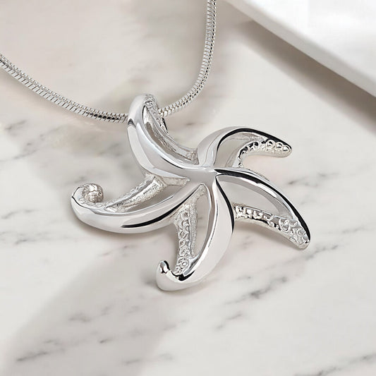 Starfish Necklace Sterling Silver for Women- Seastar Pendant, Sea Star Jewelry Sterling Silver, Beachy Necklace - Big Blue