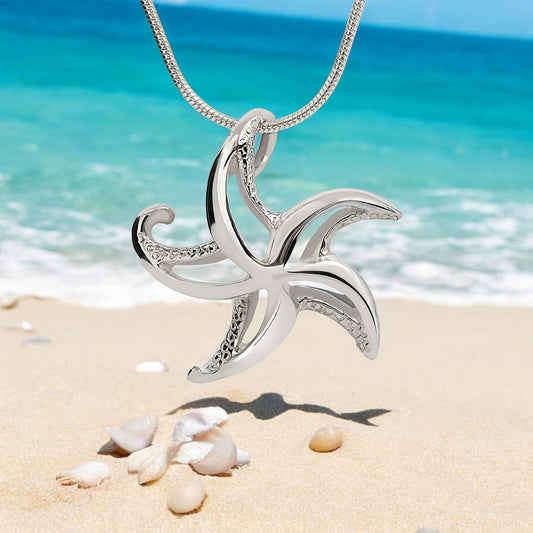 Starfish Necklace Sterling Silver for Women- Seastar Pendant, Sea Star Jewelry Sterling Silver, Beachy Necklace - Big Blue