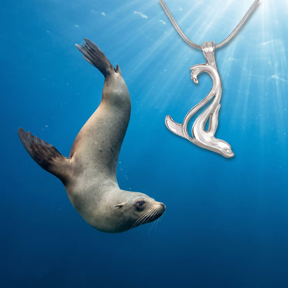 Sea Lion Necklace – "Salty" - Sterling Silver on Snake Chain - Big Blue