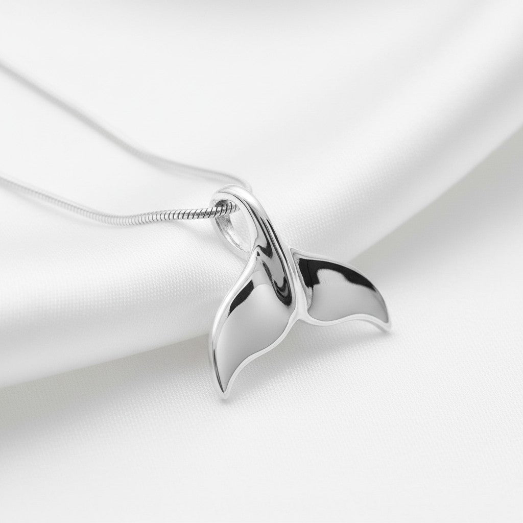 Whale Tail Pendant – Sealife Collection - Sterling Silver on Snake Chain - Big Blue