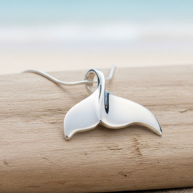 Whale Tail Pendant – Sealife Collection - Sterling Silver on Snake Cha
