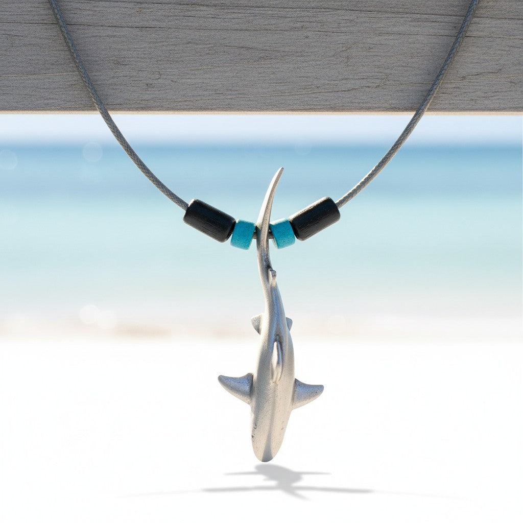 Grey Reef Shark Necklace - Sealife Collection - Pewter with Beads on Cord - Big Blue