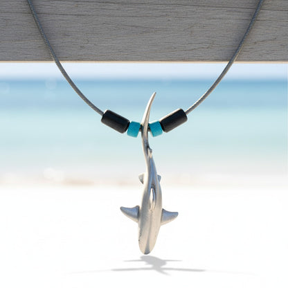 Grey Reef Shark Necklace - Sealife Collection - Pewter with Beads on Cord - Big Blue
